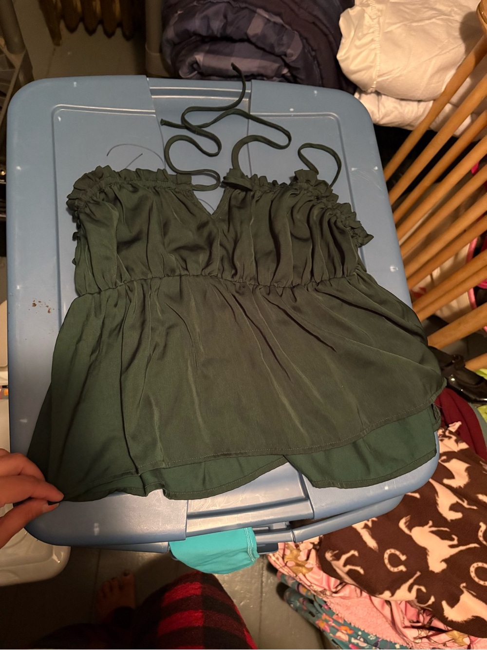 Vintage Women’s Dark Green Ruffled Strappy Tank Top